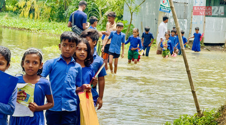 নাটোরে জলাবদ্ধতা: কোমর পানি পেরিয়েই শিশুদের যেতে হয় স্কুলে