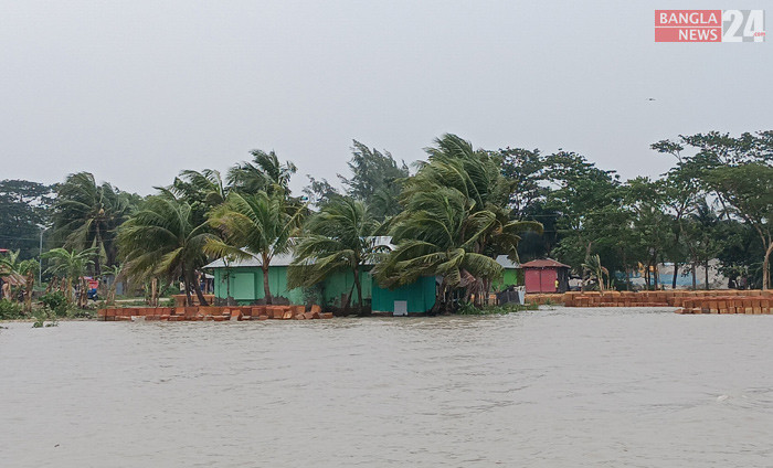 মেঘনা নদীর যেসব এলাকায় বাঁধ নেই, জোয়ারের সময় ওইসব এলাকায় পানি ঢুকে পড়ে। ছবিটি লক্ষ্মীপুরের কমলনগরের নবীগঞ্জ এলাকা থেকে তুলেছেন মো. নিজাম উদ্দিন